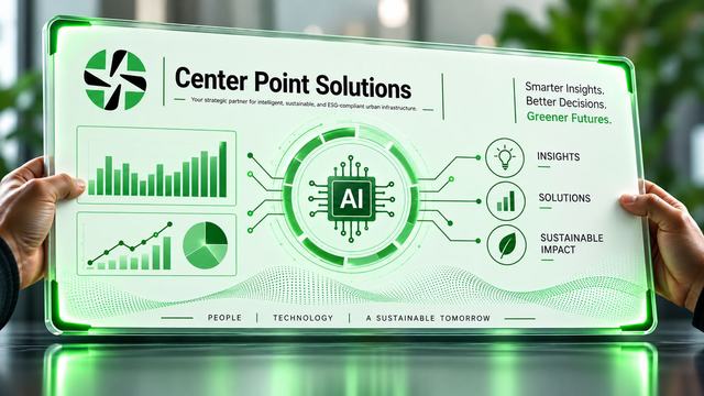 Center Point Solutions data intelligence dashboard showing AI-driven charts, insights and sustainability metrics