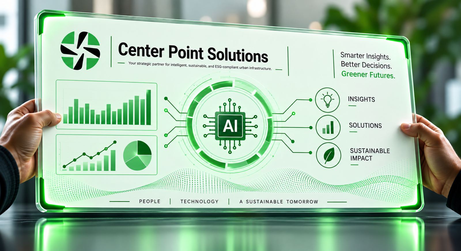 Center Point Solutions data intelligence dashboard showing AI-driven charts, insights and sustainability metrics