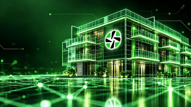 Illuminated smart office building rendered as a connected node on a green digital network grid