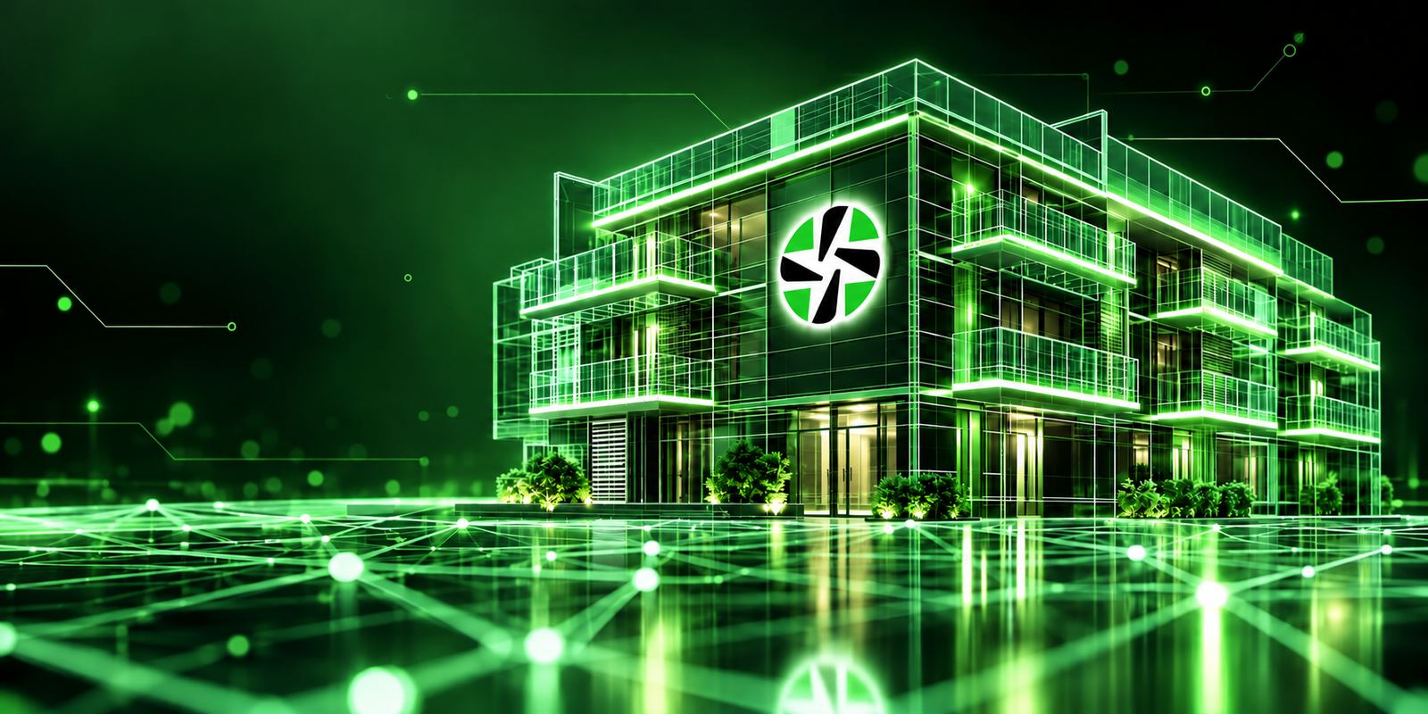 Illuminated smart office building rendered as a connected node on a green digital network grid