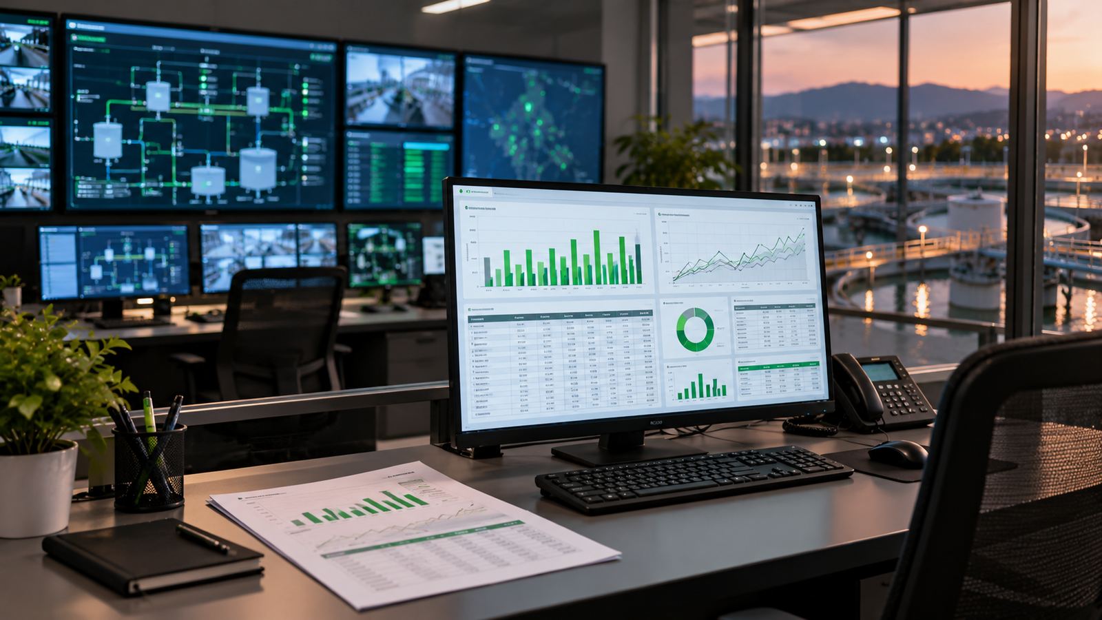 Control room desk with an automated monthly report on screen and a printed copy beside it