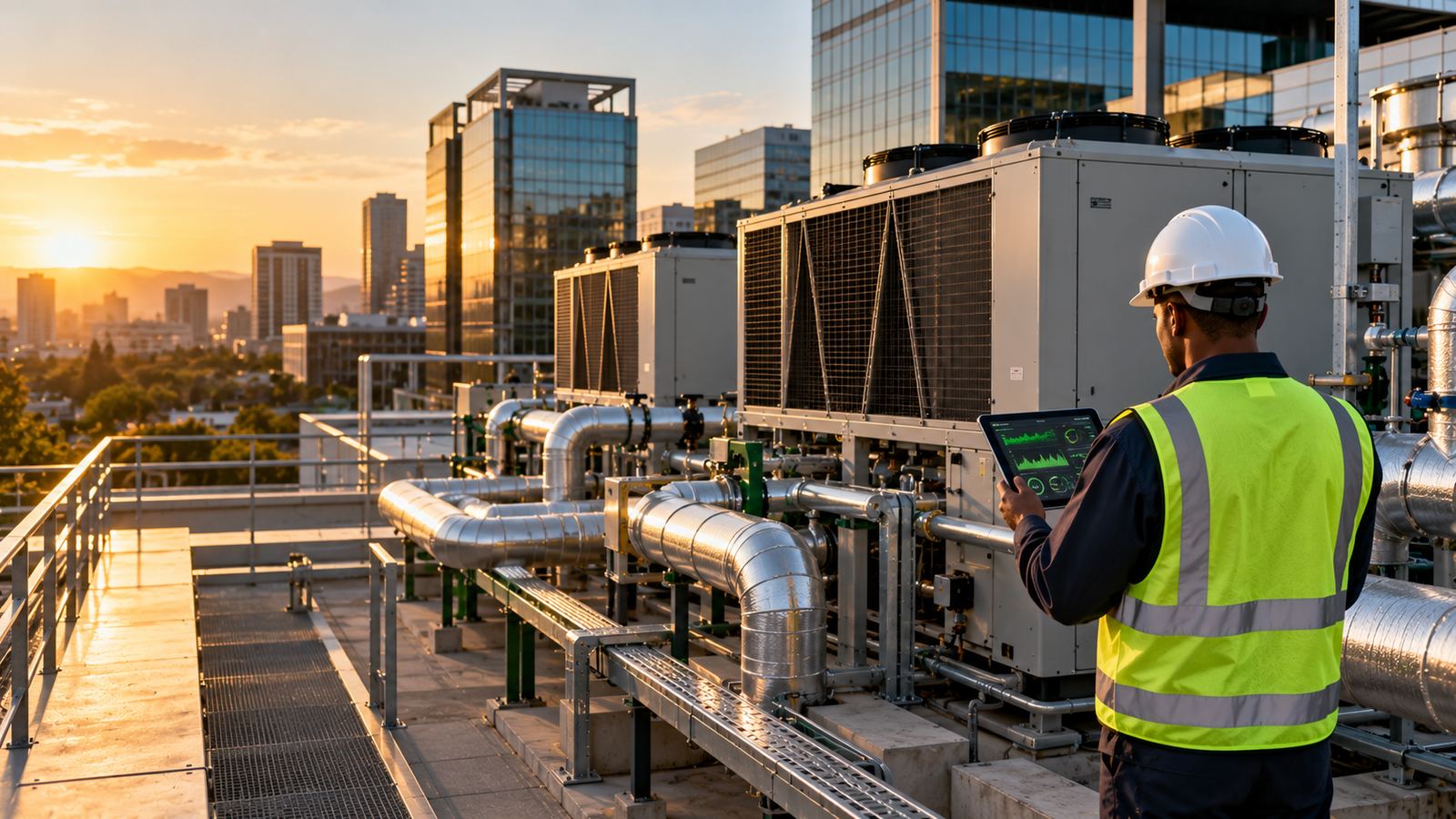 Technician with a tablet among rooftop chillers and air-handling units on an office building
