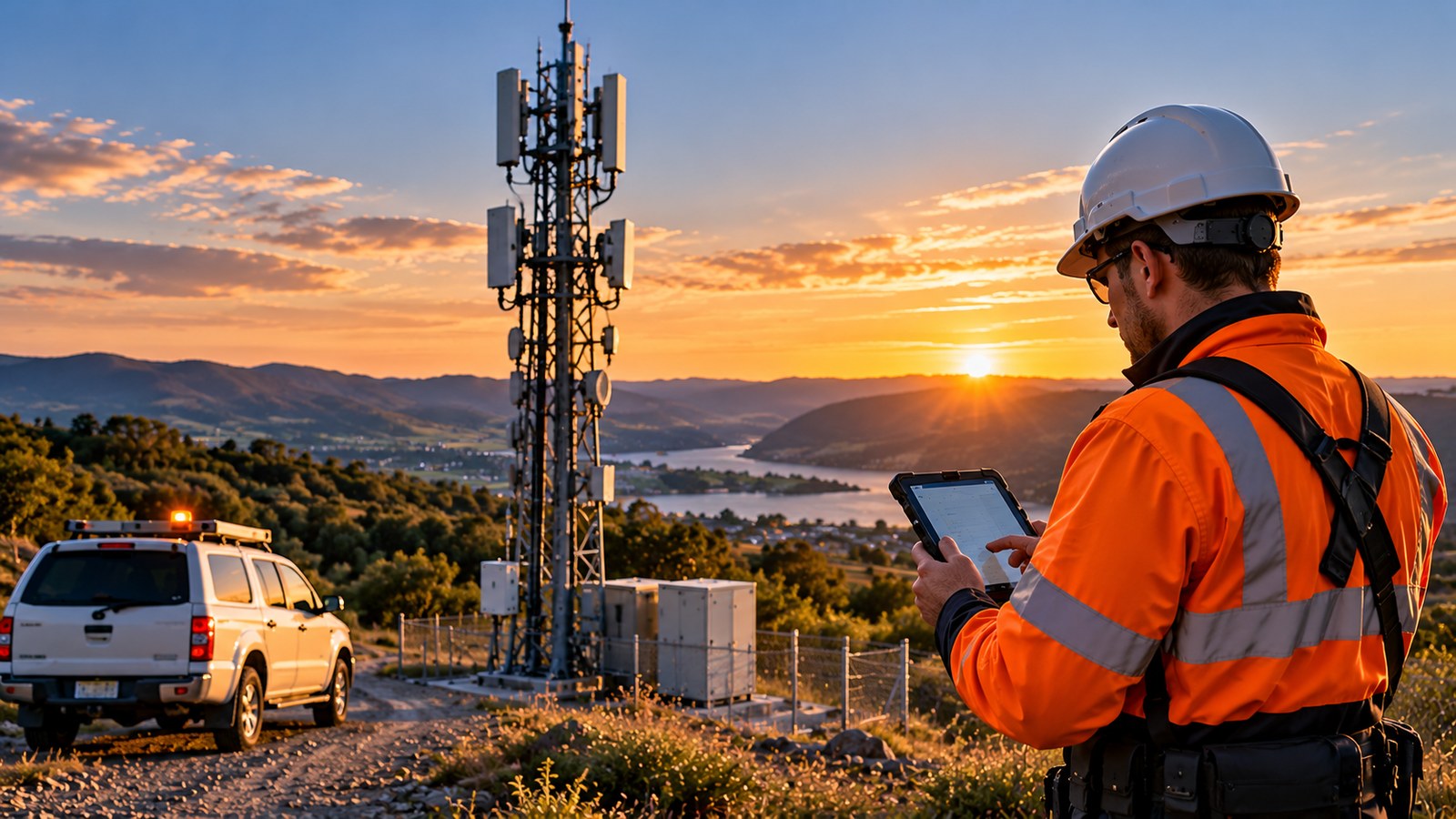 Field engineer in high-visibility clothing inspecting a cellular communications tower with a tablet