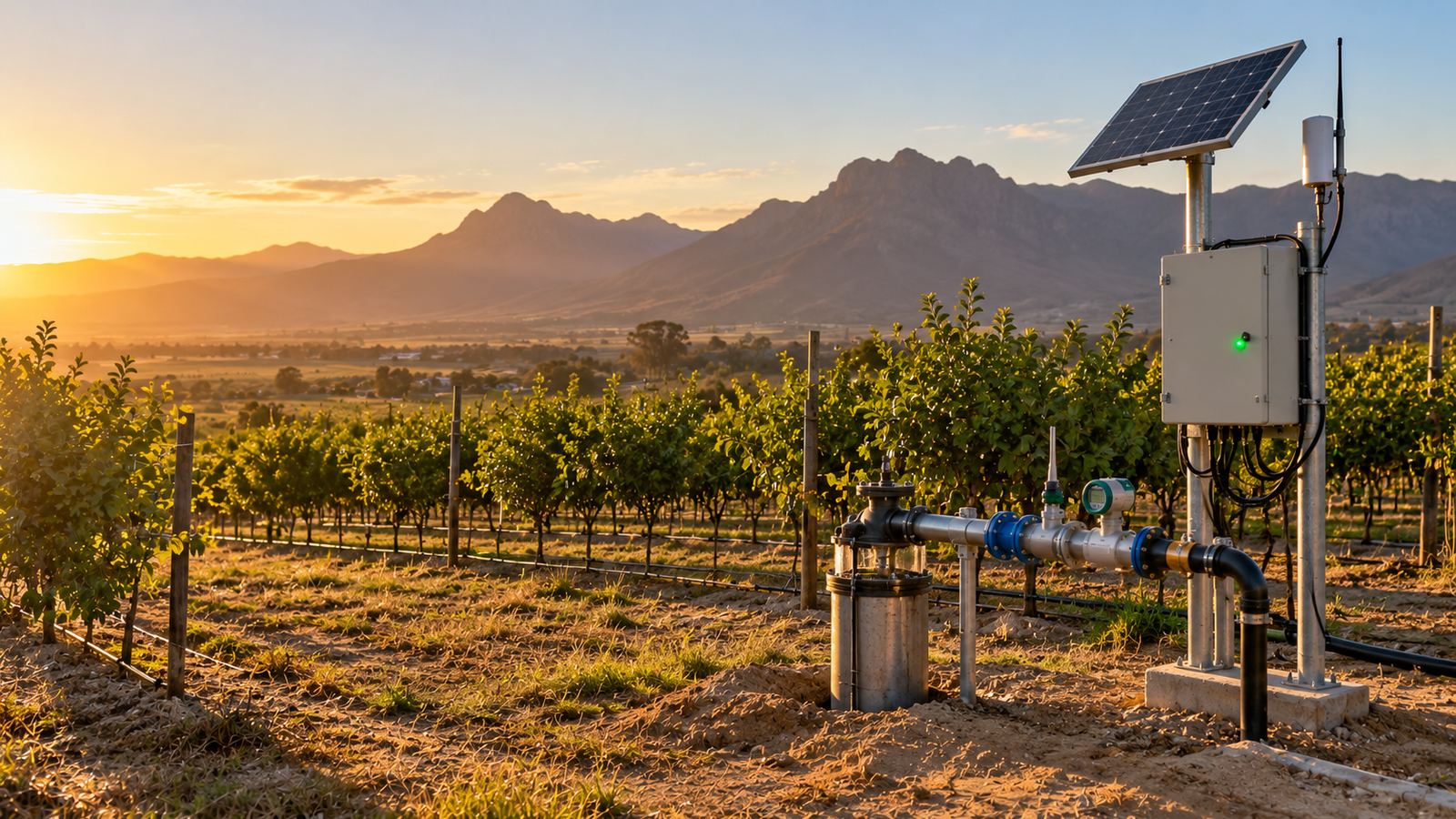 Solar-powered borehole control cabinet beside orchard rows and irrigation lines