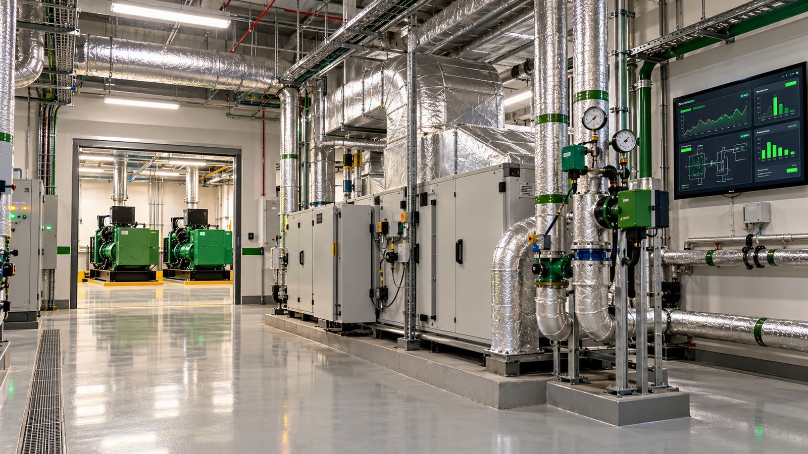 Hospital plant room with air-handling units, a monitoring screen and backup generators