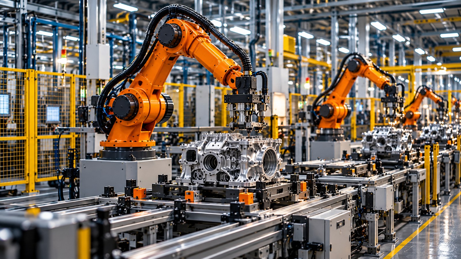 Orange industrial robotic arms handling metal components on an automated manufacturing line