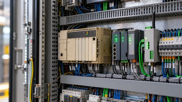 Control cabinet with an older controller wired alongside newer controllers and a gateway