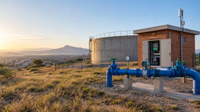 Reservoir tank and brick pump house with blue pipework and a pressure gauge on the edge of a town