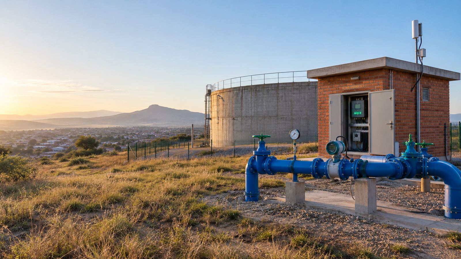 Reservoir tank and brick pump house with blue pipework and a pressure gauge on the edge of a town