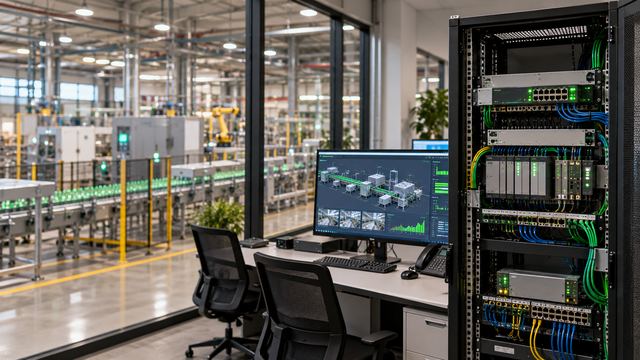 Network rack with an industrial firewall in a control room overlooking a production line