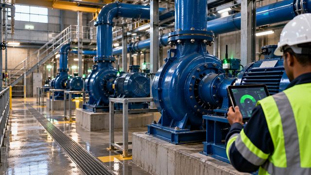 Technician checking a pump health reading on a tablet beside blue industrial pumps