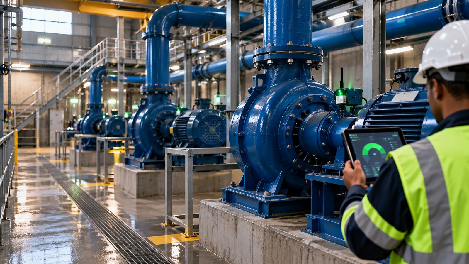 Technician checking a pump health reading on a tablet beside blue industrial pumps