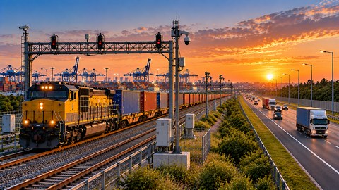 Freight train and road traffic moving along a connected transport corridor at sunset