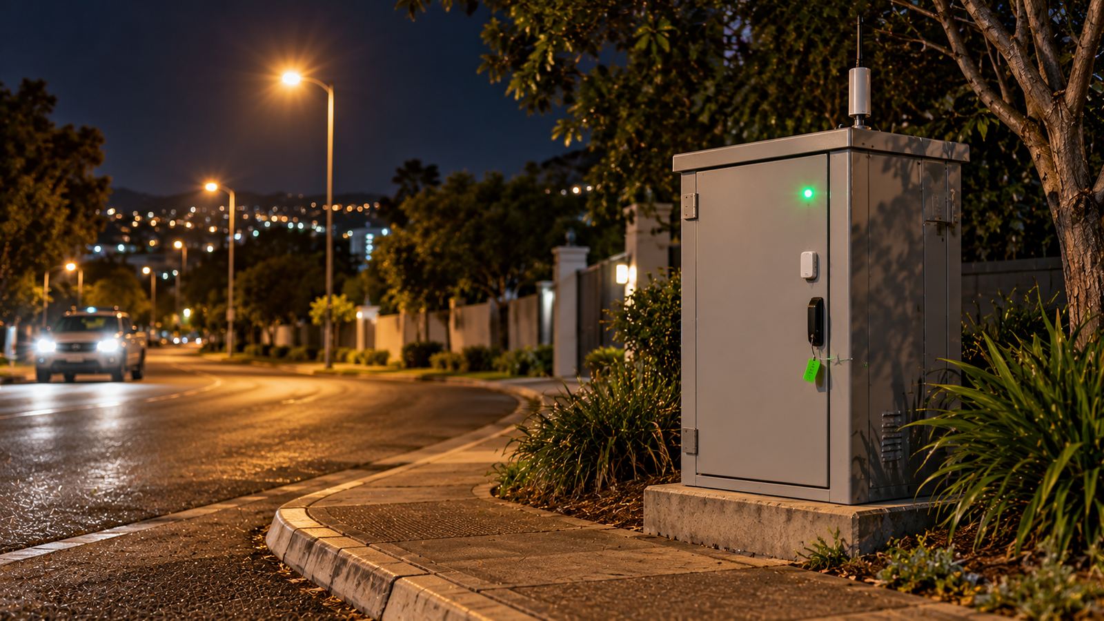 Roadside utility cabinet at night with a door sensor and a green status light