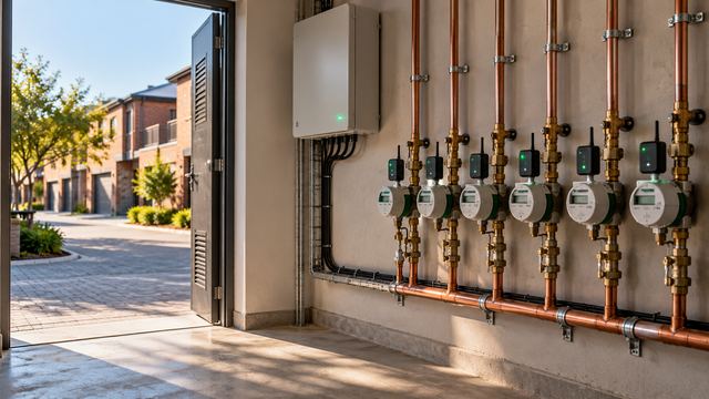 Row of smart water meters on copper pipes in a townhouse complex meter room