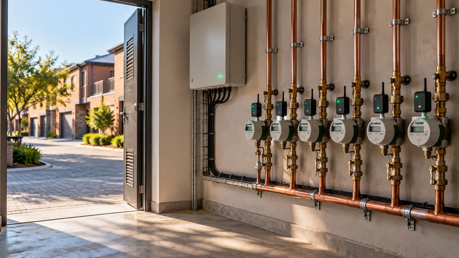 Row of smart water meters on copper pipes in a townhouse complex meter room