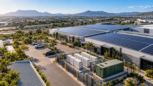 Aerial view of a business park with rooftop solar arrays, battery cabinets and a generator enclosure