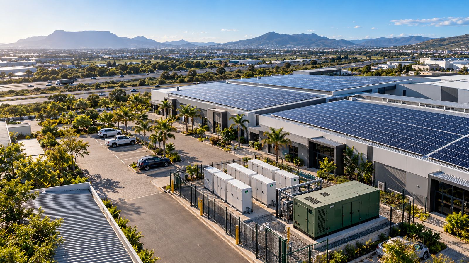Aerial view of a business park with rooftop solar arrays, battery cabinets and a generator enclosure