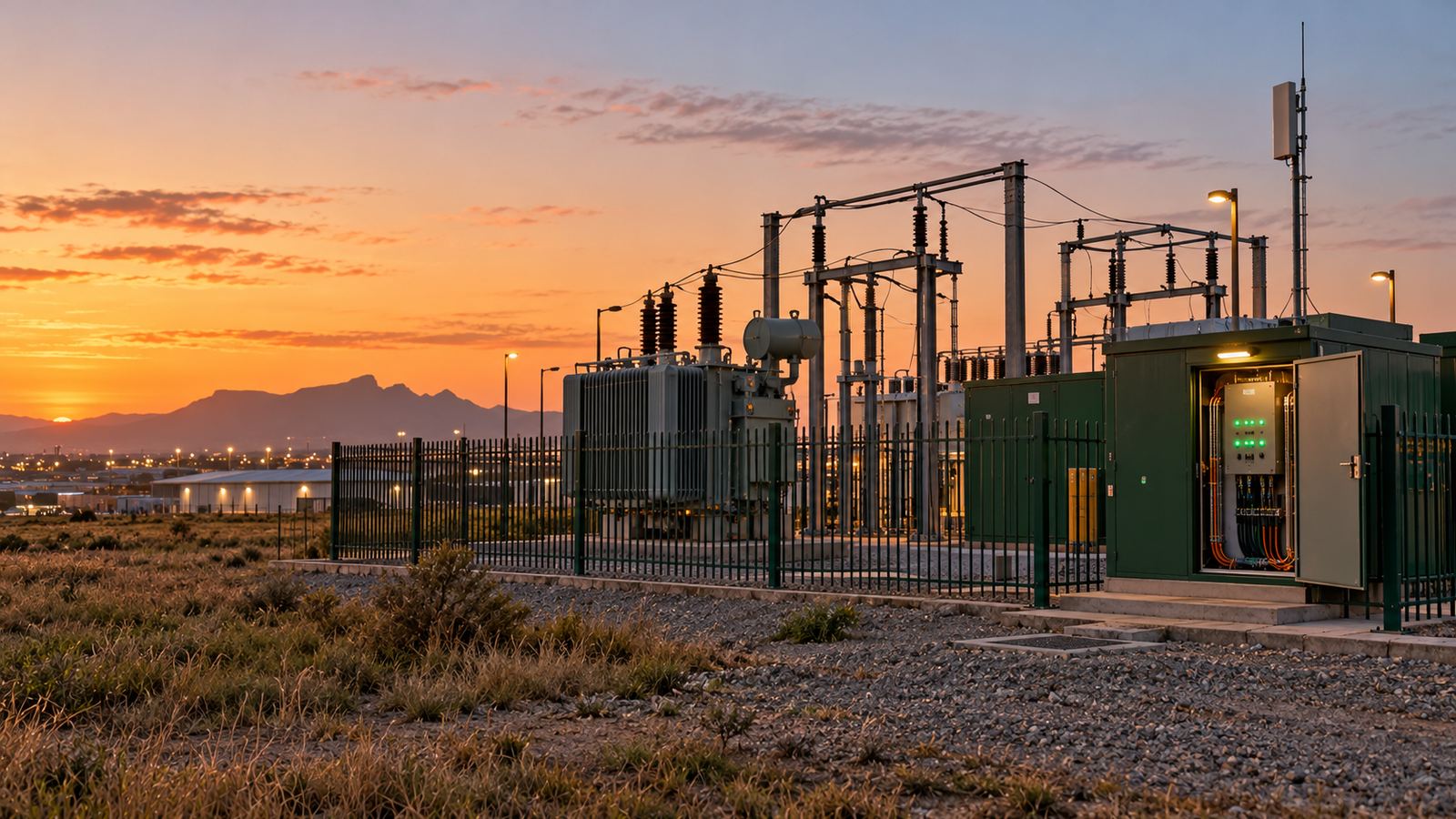 Unmanned electrical substation at dusk with an open control kiosk showing green indicator lights
