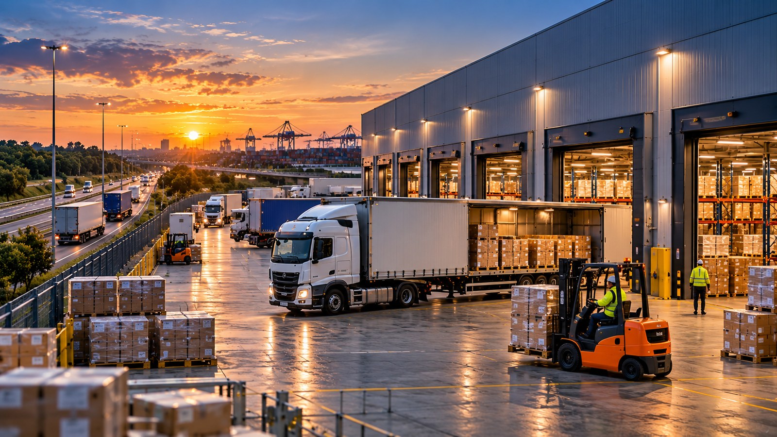 Distribution warehouse at sunset with trucks, pallets and a forklift moving freight