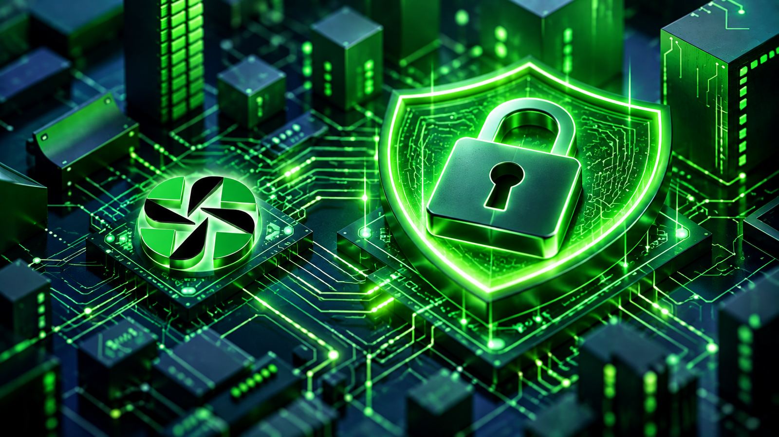 Isometric green circuit-board city with a glowing padlock shield beside the Center Point Solutions logo