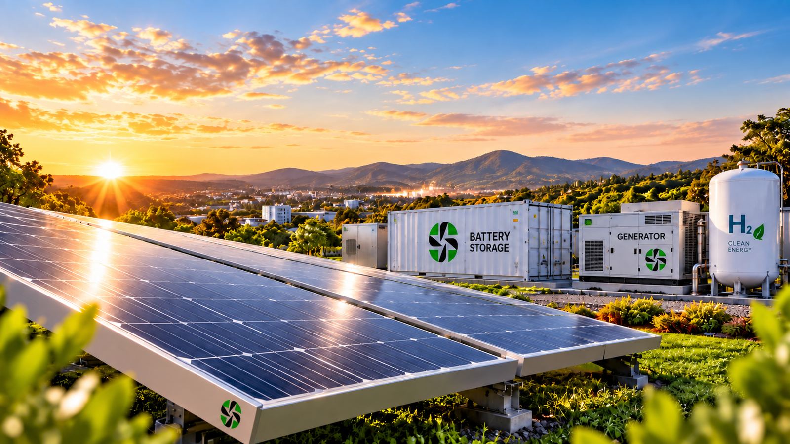 Solar PV array at sunrise with Center Point Solutions battery storage container, backup generator and hydrogen clean energy tank