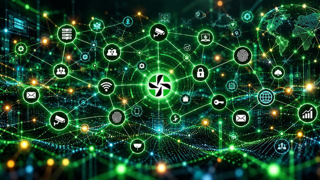 Network of connected device, security, cloud and analytics icons radiating from the Center Point Solutions logo