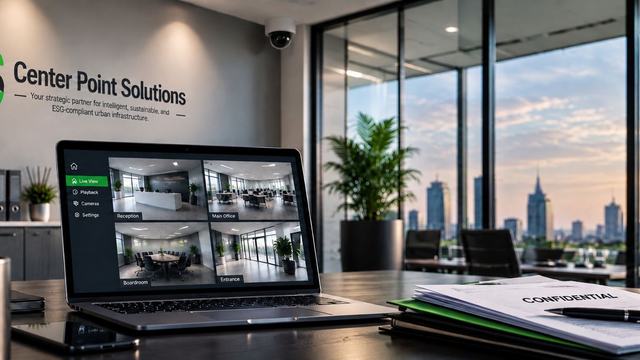 Center Point Solutions reception with a laptop showing a four-camera live surveillance dashboard