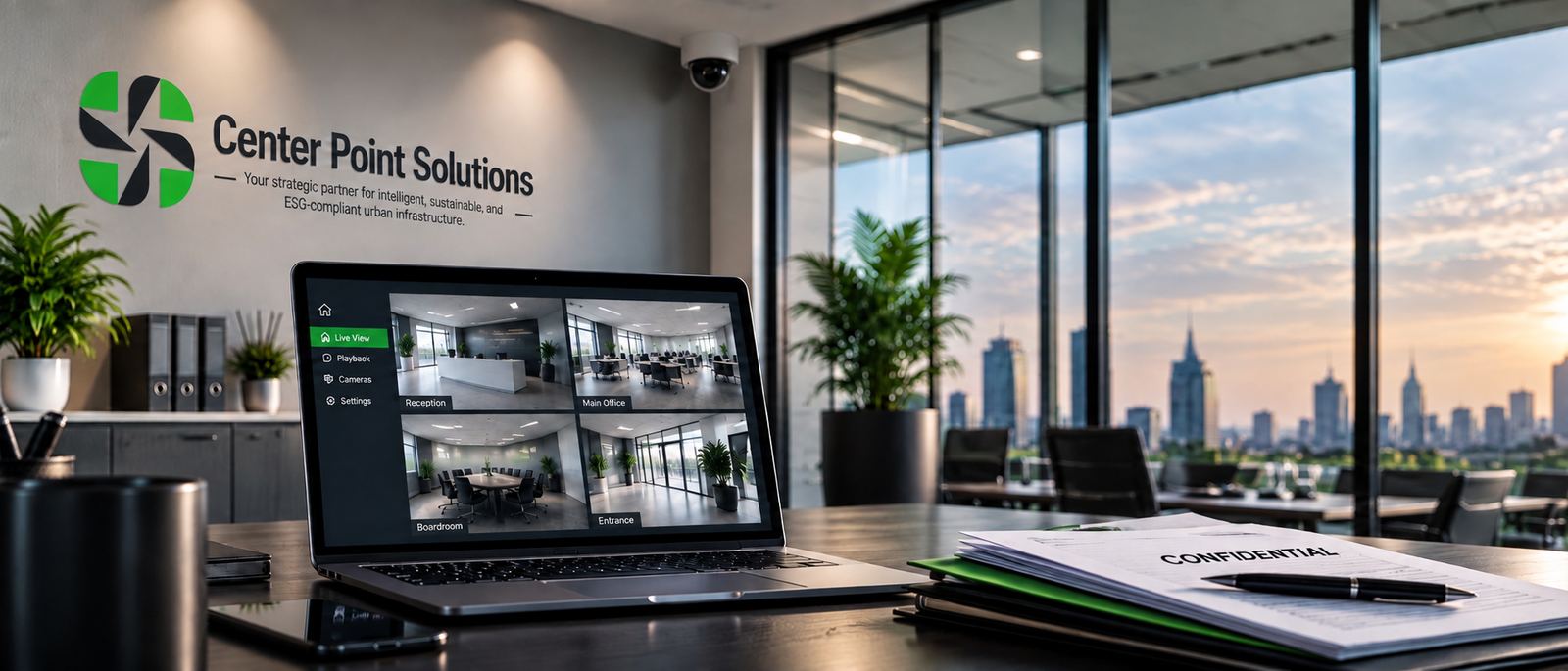Center Point Solutions reception with a laptop showing a four-camera live surveillance dashboard