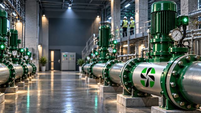Water treatment pump hall with green pumps, pressure gauges and Center Point Solutions branded pipework