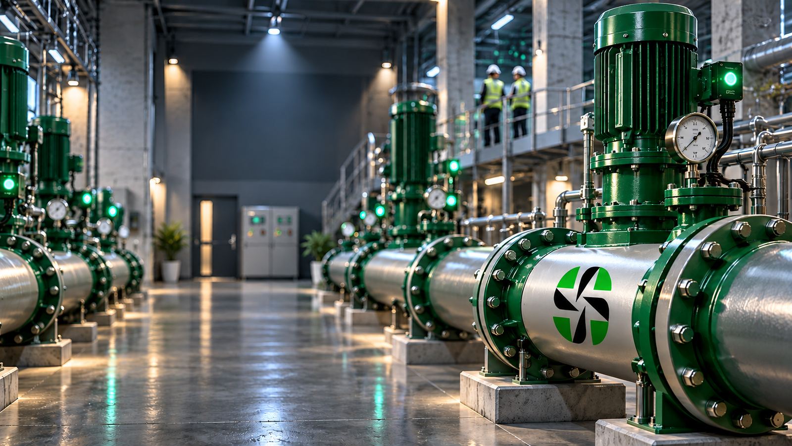Water treatment pump hall with green pumps, pressure gauges and Center Point Solutions branded pipework